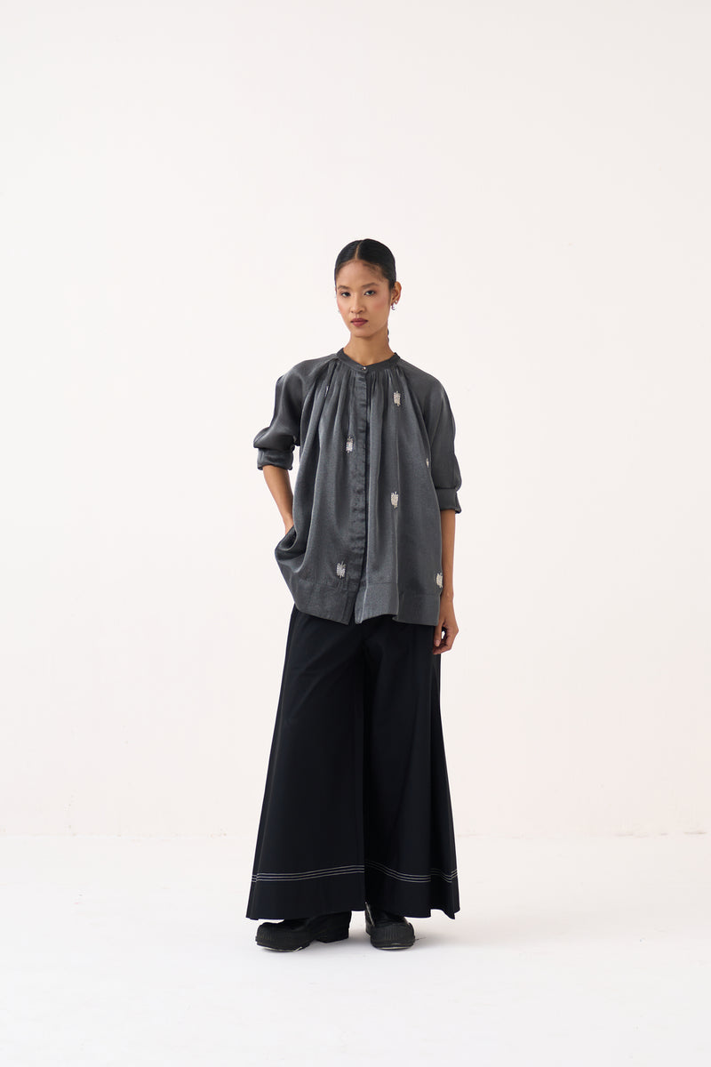 Hand Emb. Peasant Top Co-Ord (Set Of 2)-Graphite metallic tissue, 100% cotton poplin co-ord set by THREE in grey for women Worldwide