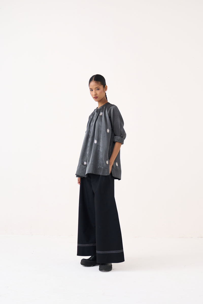 Hand Emb. Peasant Top Co-Ord (Set Of 2)-Graphite metallic tissue, 100% cotton poplin co-ord set by THREE in grey for women Worldwide