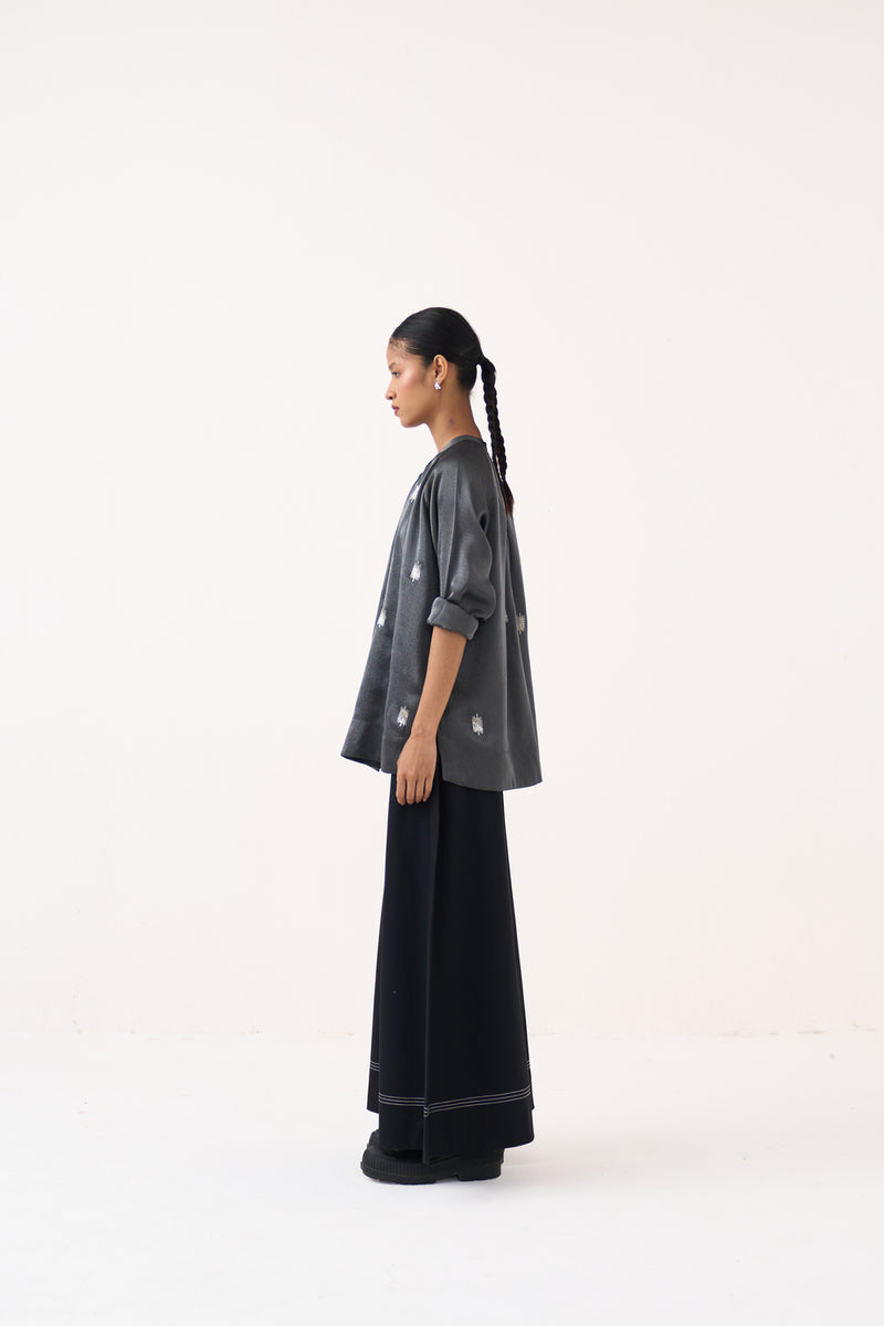 Hand Emb. Peasant Top Co-Ord (Set Of 2)-Graphite metallic tissue, 100% cotton poplin co-ord set by THREE in grey for women Worldwide