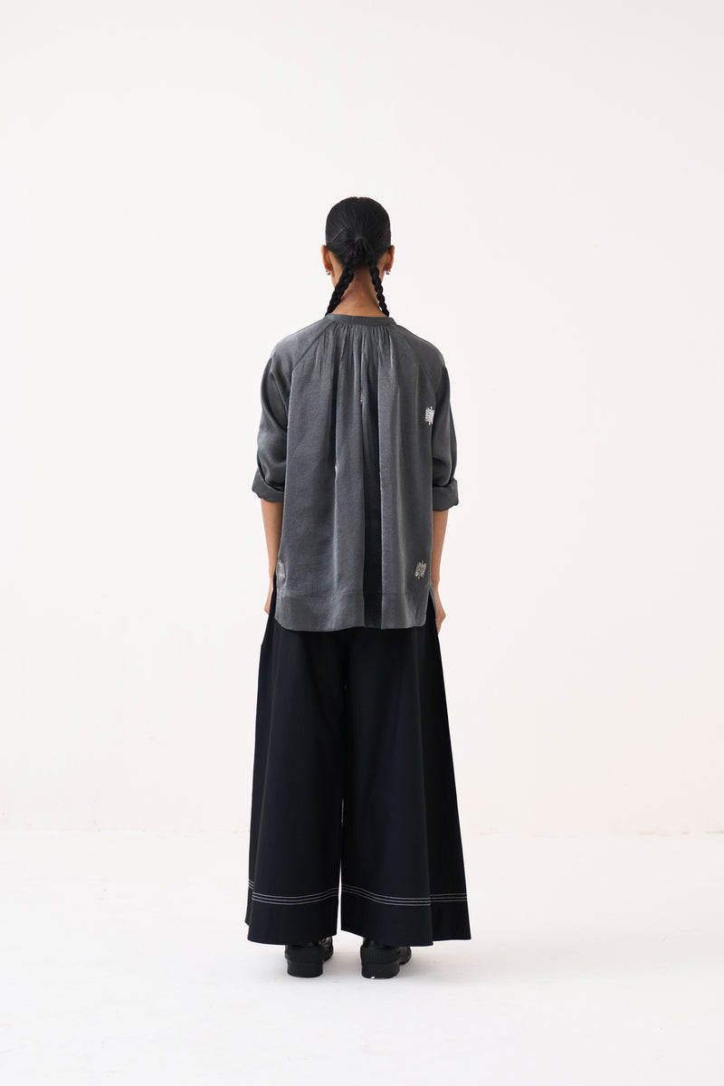 Hand Emb. Peasant Top Co-Ord (Set Of 2)-Graphite metallic tissue, 100% cotton poplin co-ord set by THREE in grey for women Worldwide