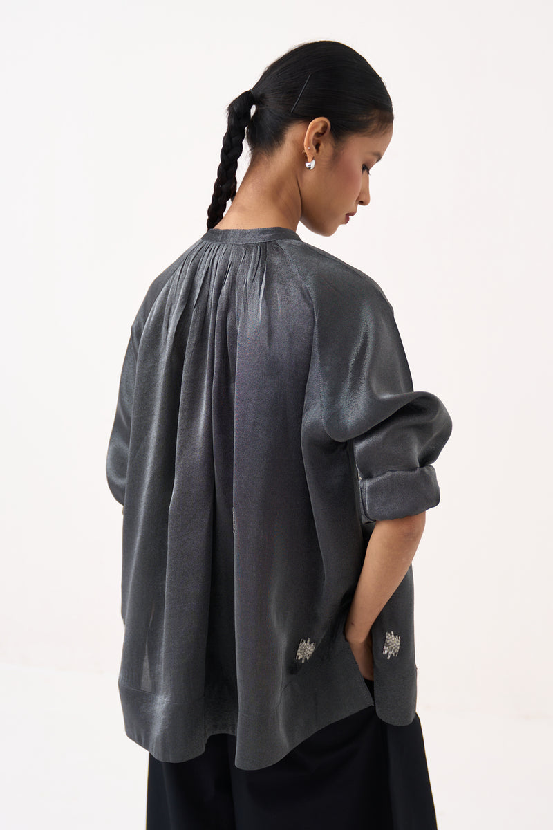 Hand Emb. Peasant Top-Graphite metallic tissue top/shirt by THREE in grey for women Worldwide
