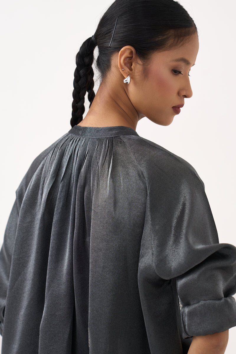 Hand Emb. Peasant Top-Graphite metallic tissue top/shirt by THREE in grey for women Worldwide