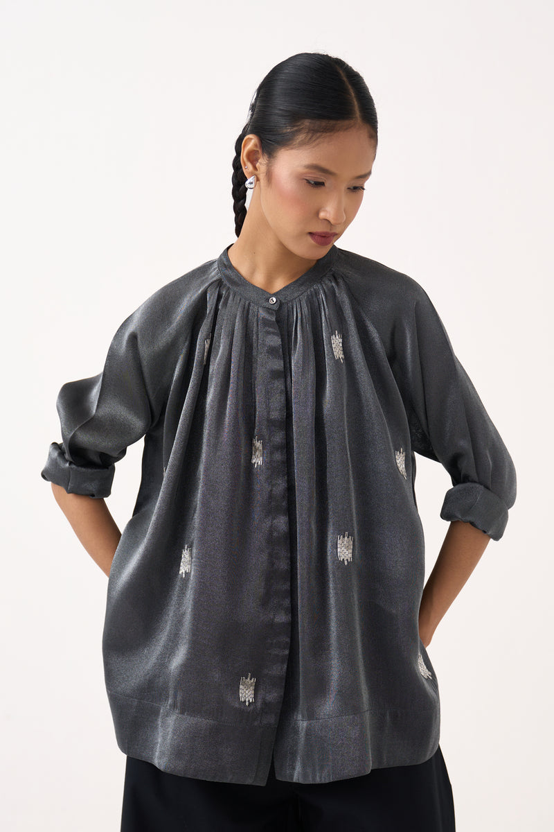 Hand Emb. Peasant Top-Graphite metallic tissue top/shirt by THREE in grey for women Worldwide