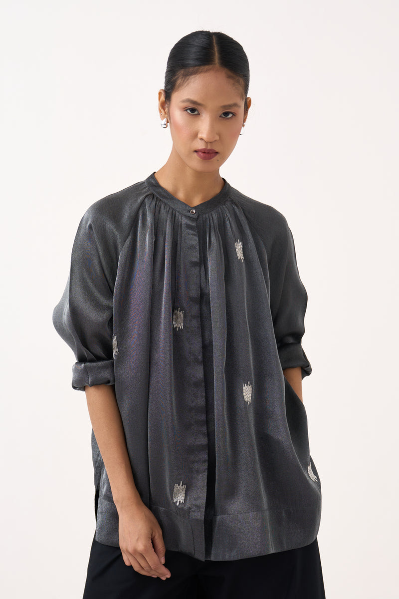 Hand Emb. Peasant Top Co-Ord (Set Of 2)-Graphite metallic tissue, 100% cotton poplin co-ord set by THREE in grey for women Worldwide