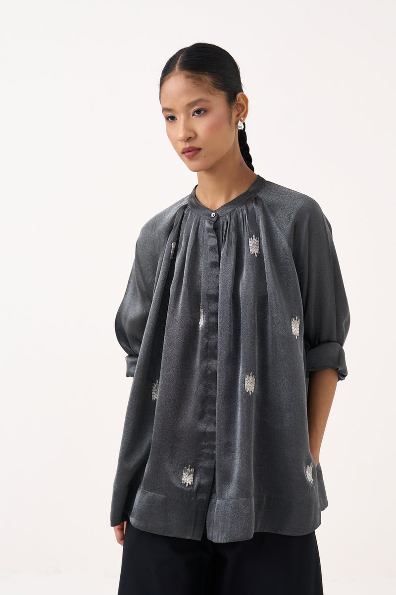 Hand Emb. Peasant Top-Graphite metallic tissue top/shirt by THREE in grey for women Worldwide