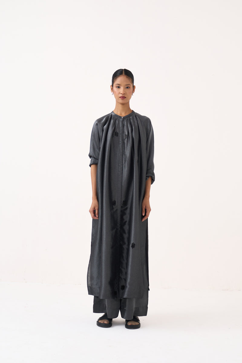Hand Emb. Gather Neck Shirt Co-Ord (Set Of 2)-Graphite metallic tissue co-ord set by THREE in grey for women Worldwide