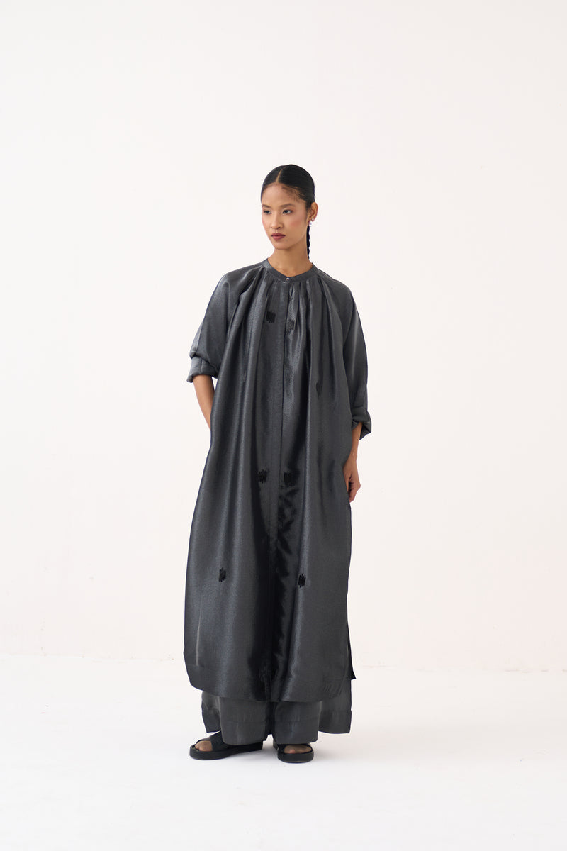 Hand Emb. Gather Neck Shirt Co-Ord (Set Of 2)-Graphite metallic tissue co-ord set by THREE in grey for women Worldwide