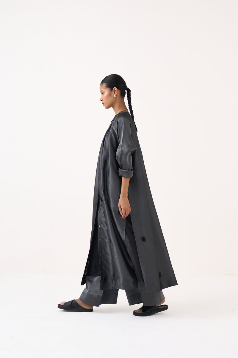 Hand Emb. Gather Neck Shirt Co-Ord (Set Of 2)-Graphite metallic tissue co-ord set by THREE in grey for women Worldwide