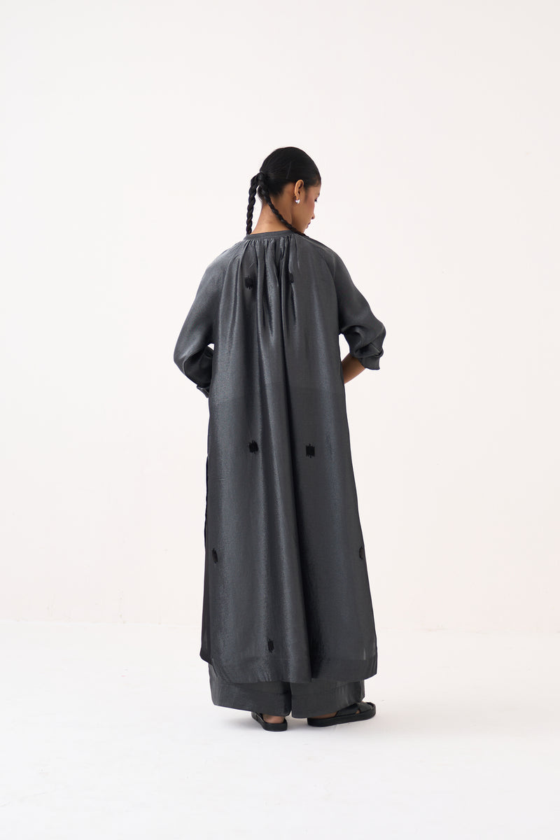 Hand Emb. Gather Neck Shirt Co-Ord (Set Of 2)-Graphite metallic tissue co-ord set by THREE in grey for women Worldwide