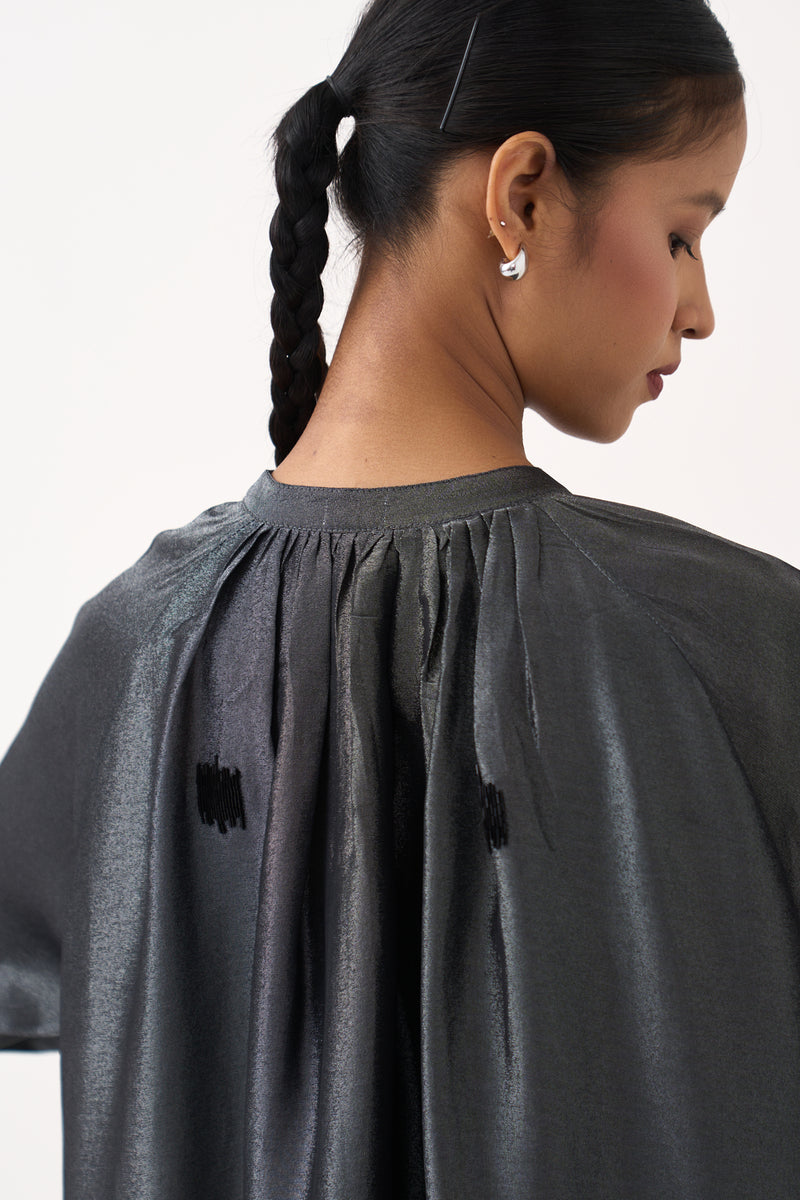 Hand Emb. Gather Neck Shirt Co-Ord (Set Of 2)-Graphite metallic tissue co-ord set by THREE in grey for women Worldwide