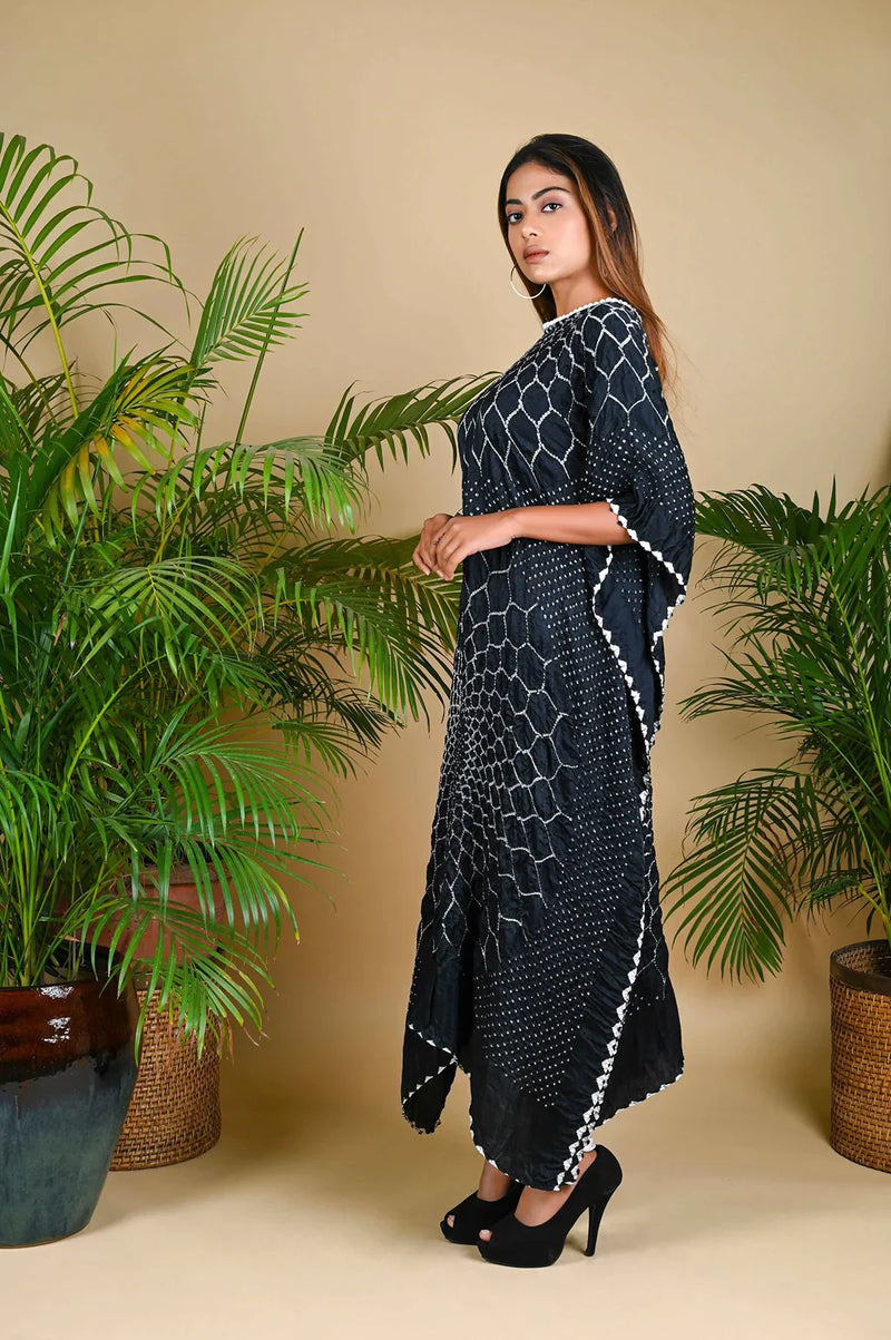 THREE FLOWERS KAFTAN-BLACK silk by Dyelogue in black color for women Worldwide