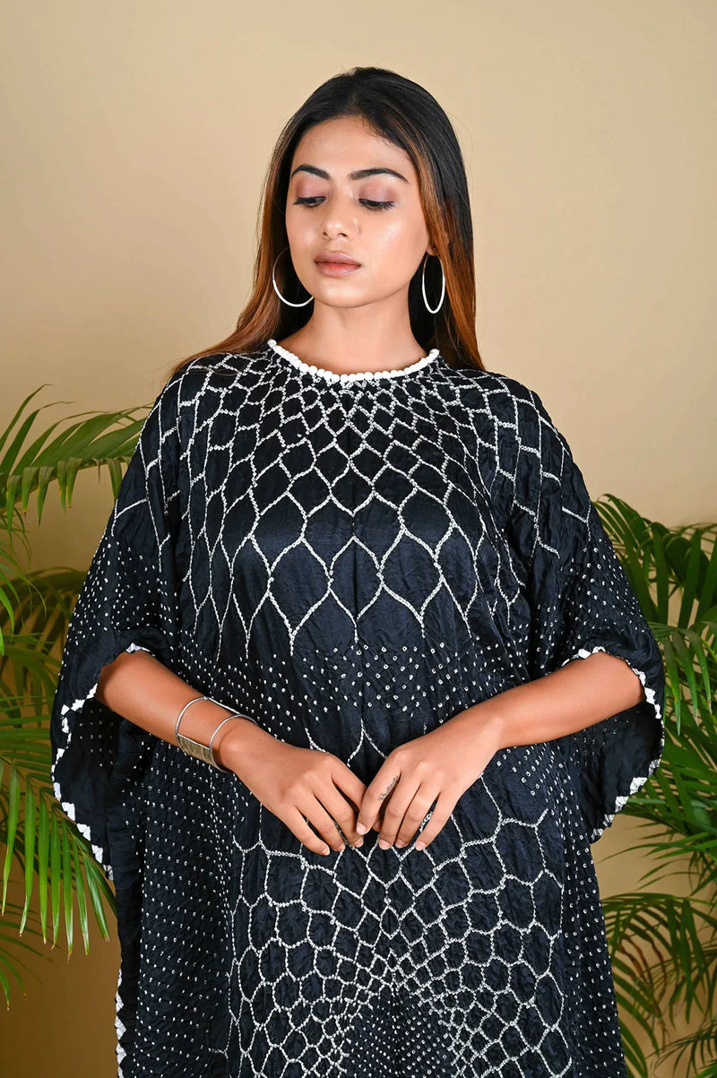 THREE FLOWERS KAFTAN-BLACK silk by Dyelogue in black color for women Worldwide