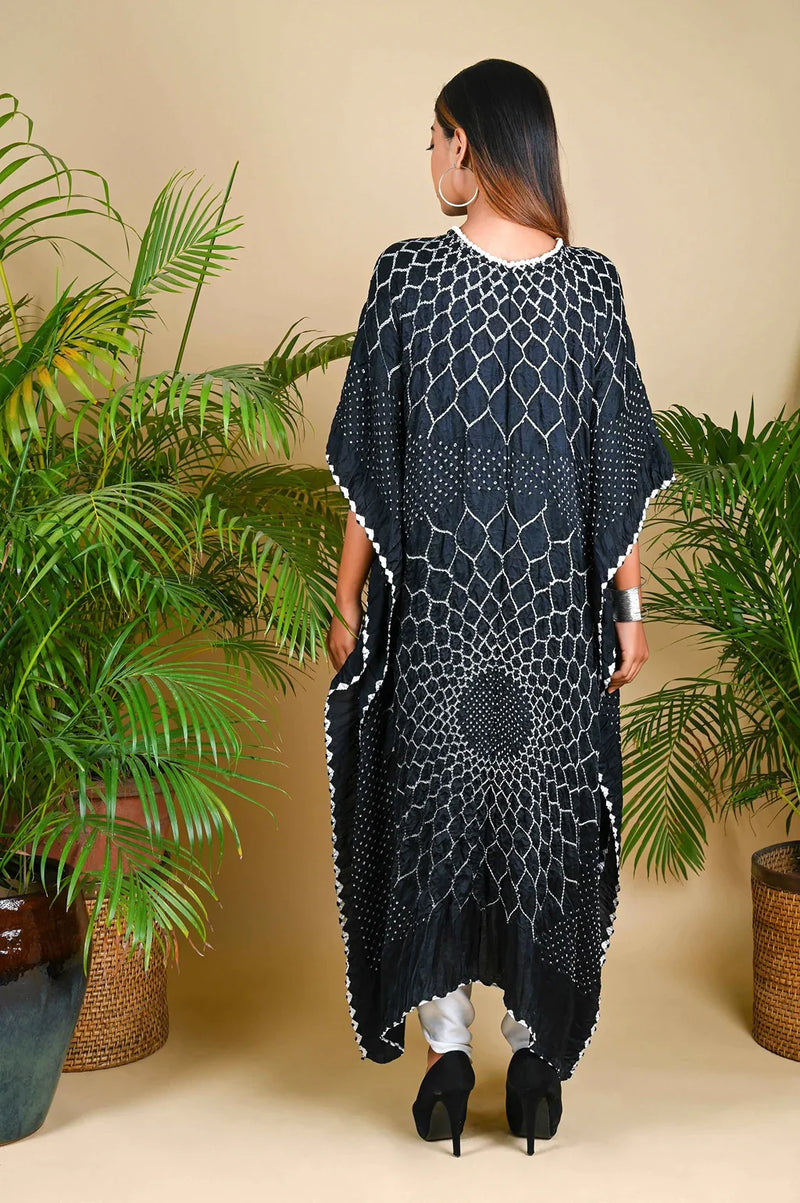 THREE FLOWERS KAFTAN-BLACK silk by Dyelogue in black color for women Worldwide