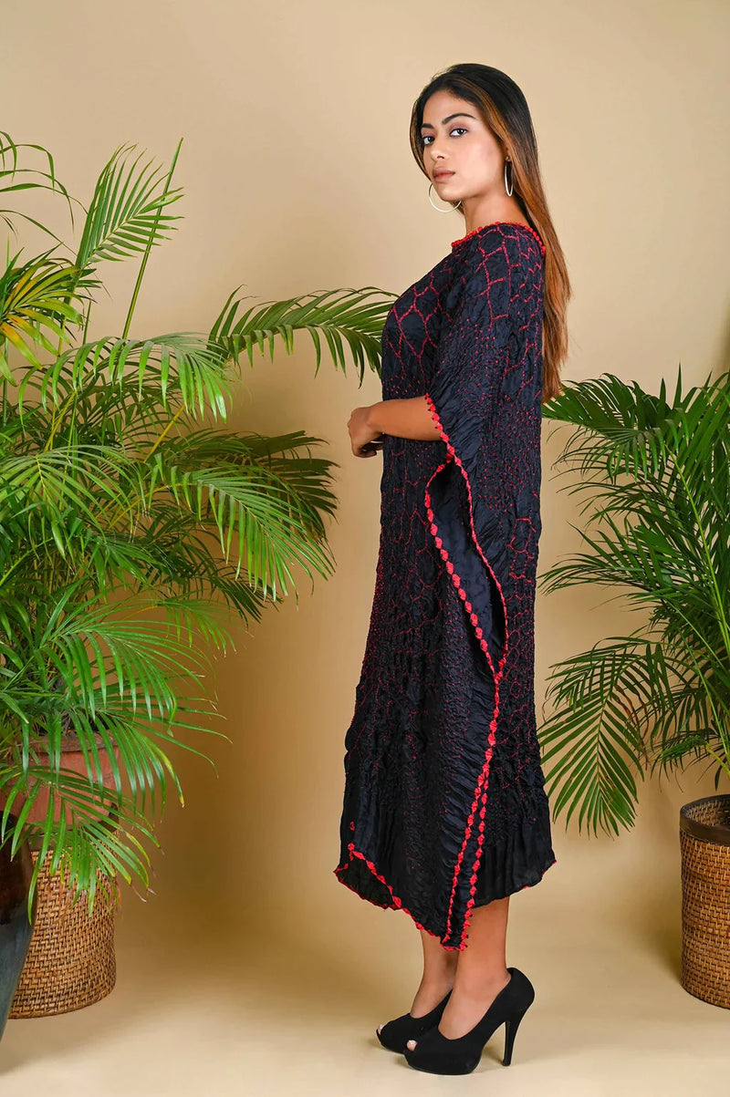 THREE FLOWERS KAFTAN-BLACK W RED DOTS silk by Dyelogue in black color for women Worldwide