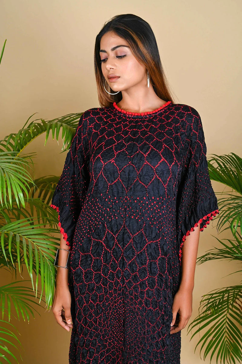 THREE FLOWERS KAFTAN-BLACK W RED DOTS silk by Dyelogue in black color for women Worldwide