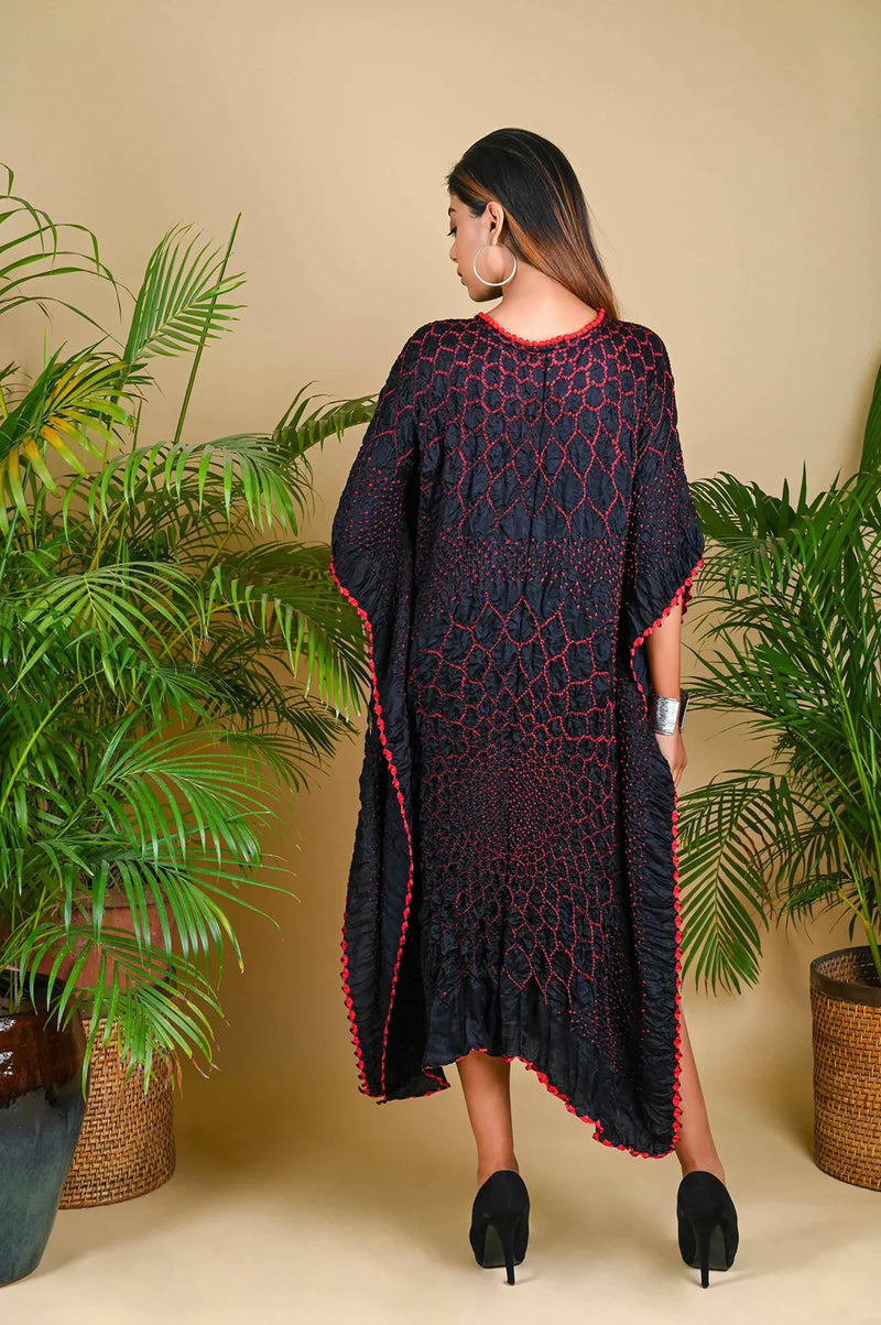 THREE FLOWERS KAFTAN-BLACK W RED DOTS silk by Dyelogue in black color for women Worldwide