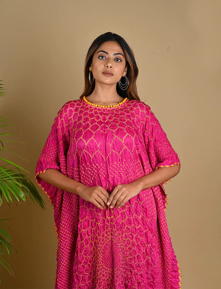 THREE FLOWERS KAFTAN-FUSCHIA PINK silk by Dyelogue for women Worldwide