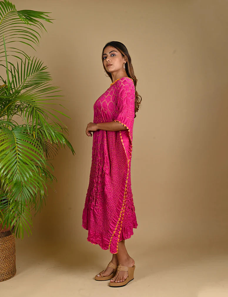 THREE FLOWERS KAFTAN-FUSCHIA PINK silk by Dyelogue for women Worldwide