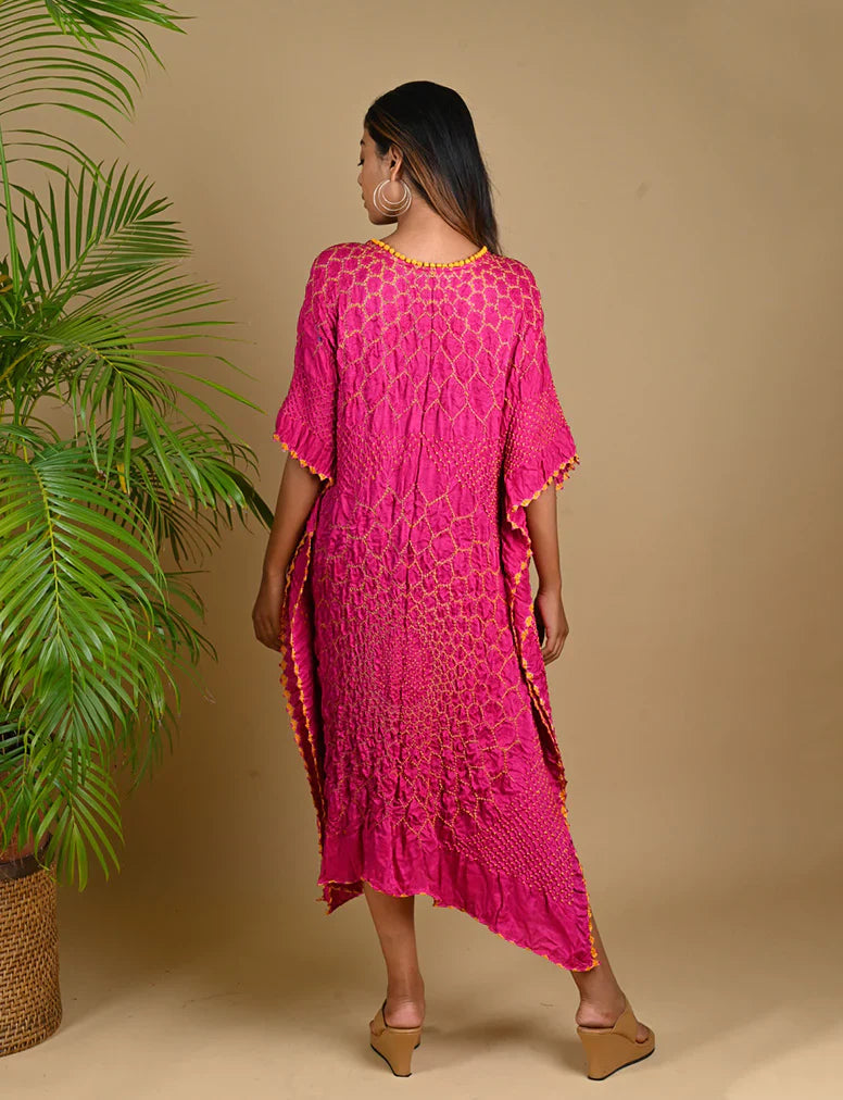THREE FLOWERS KAFTAN-FUSCHIA PINK silk by Dyelogue for women Worldwide