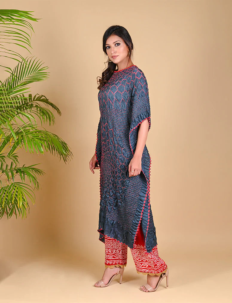 THREE FLOWERS KAFTAN-GREY silk by Dyelogue in grey color for women Worldwide