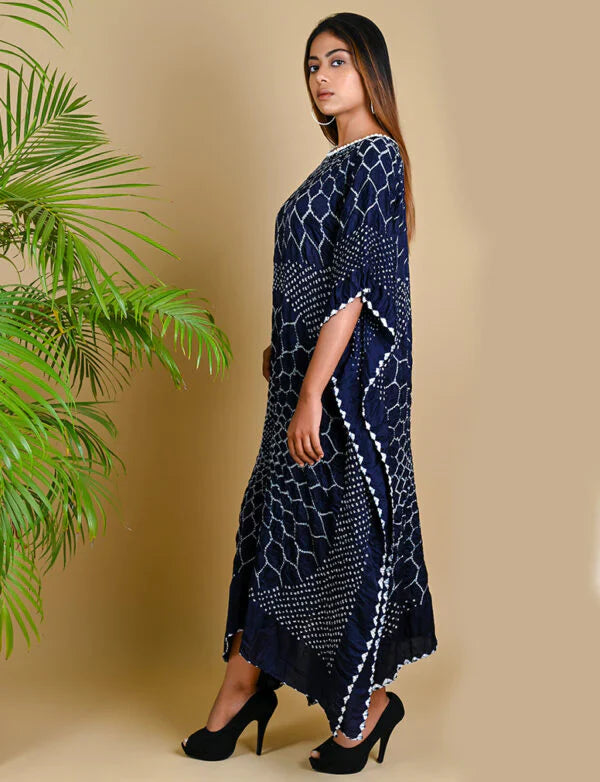 THREE FLOWERS KAFTAN-INDIGO BLUE silk by Dyelogue in blue color for women Worldwide