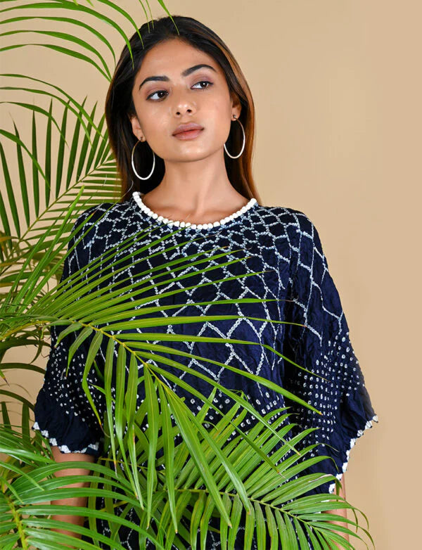 THREE FLOWERS KAFTAN-INDIGO BLUE silk by Dyelogue in blue color for women Worldwide