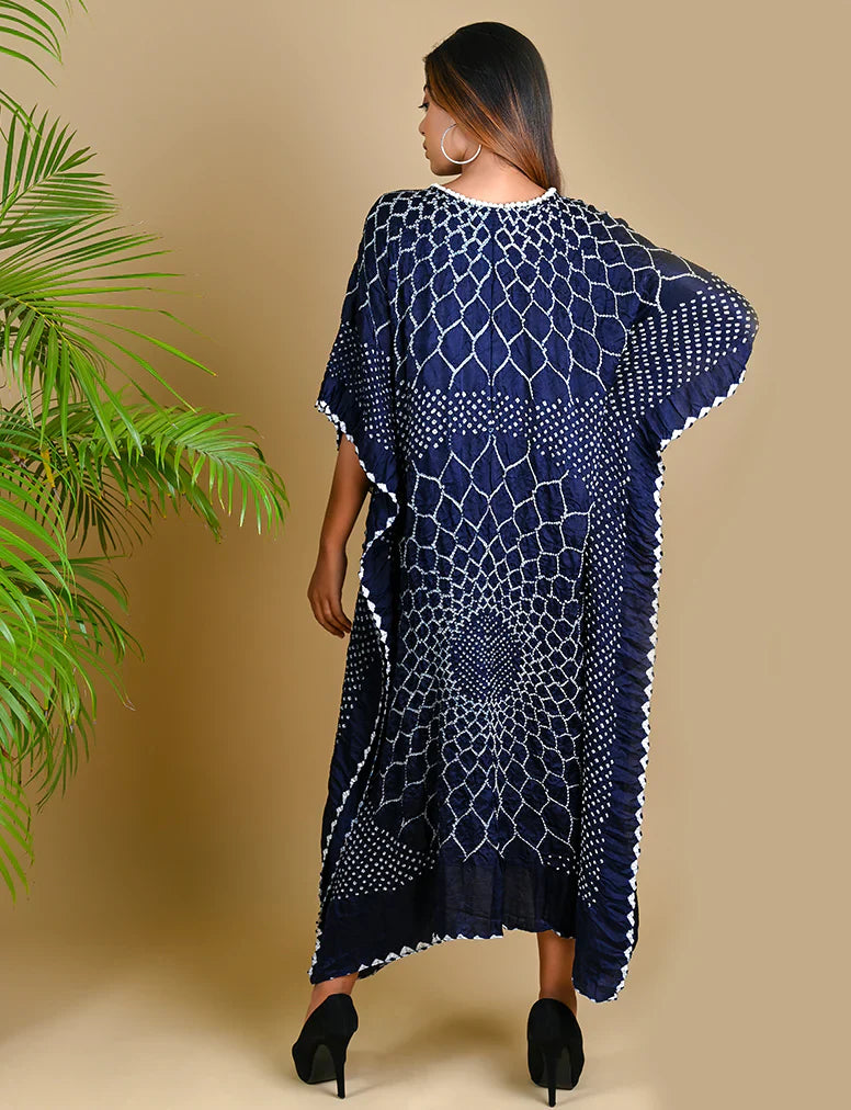 THREE FLOWERS KAFTAN-INDIGO BLUE silk by Dyelogue in blue color for women Worldwide