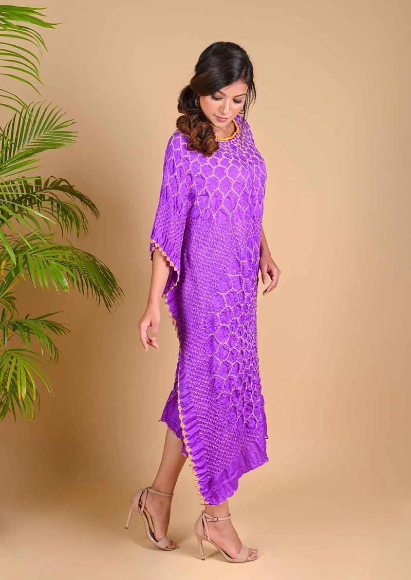 THREE FLOWERS KAFTAN-LAVENDER silk by Dyelogue for women Worldwide