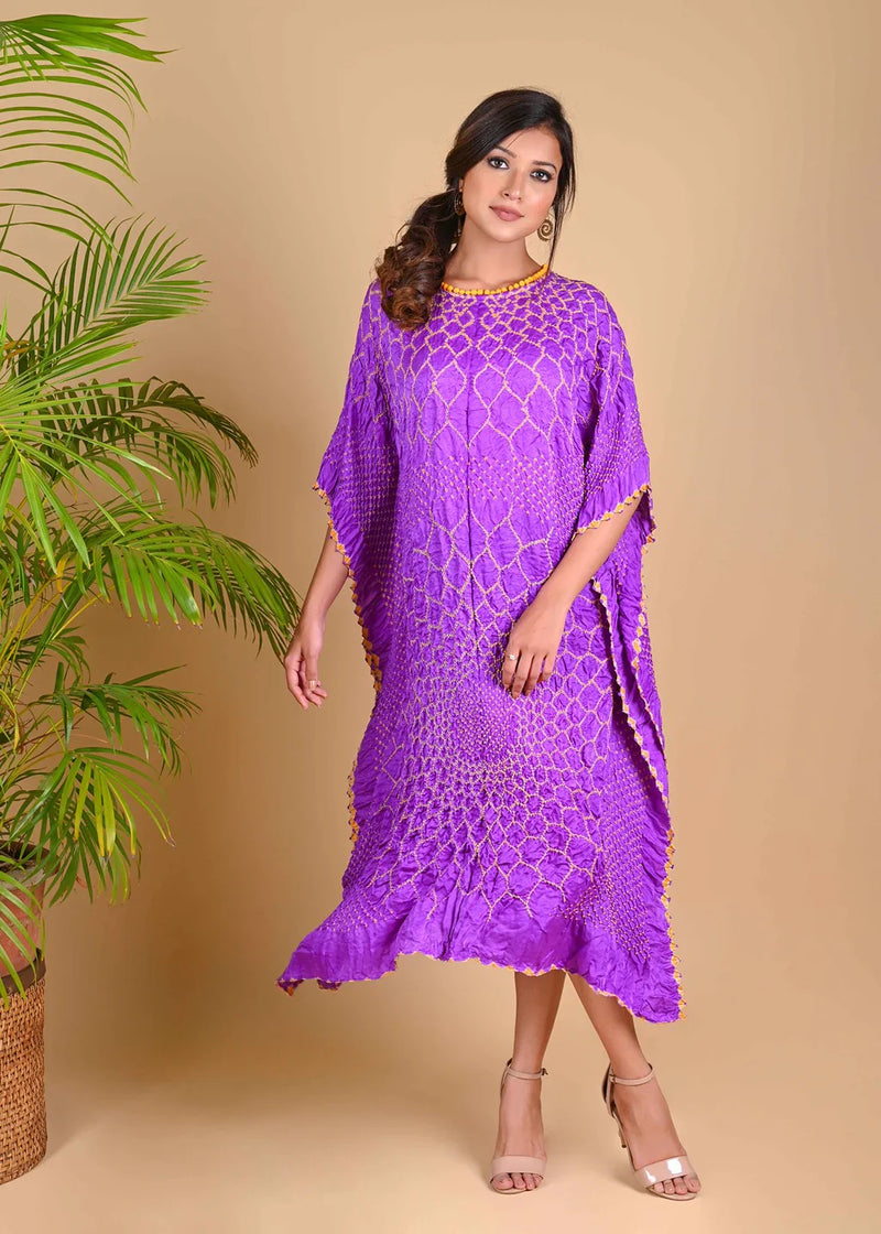 THREE FLOWERS KAFTAN-LAVENDER silk by Dyelogue for women Worldwide