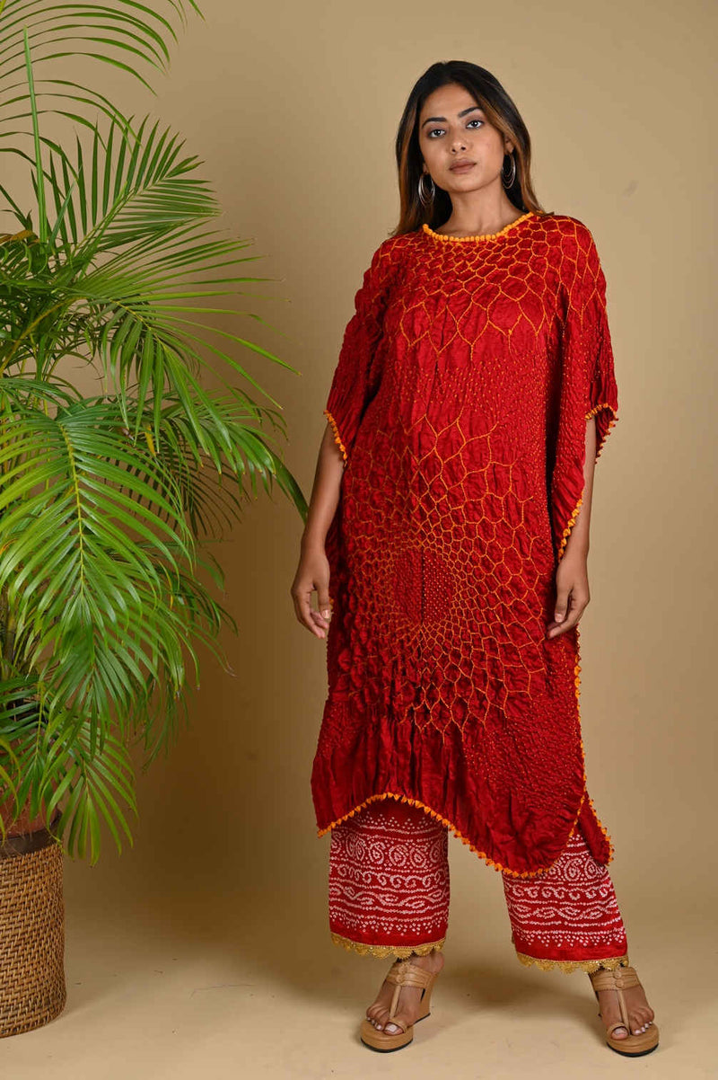 THREE FLOWERS KAFTAN-RED silk by Dyelogue in red color for women Worldwide