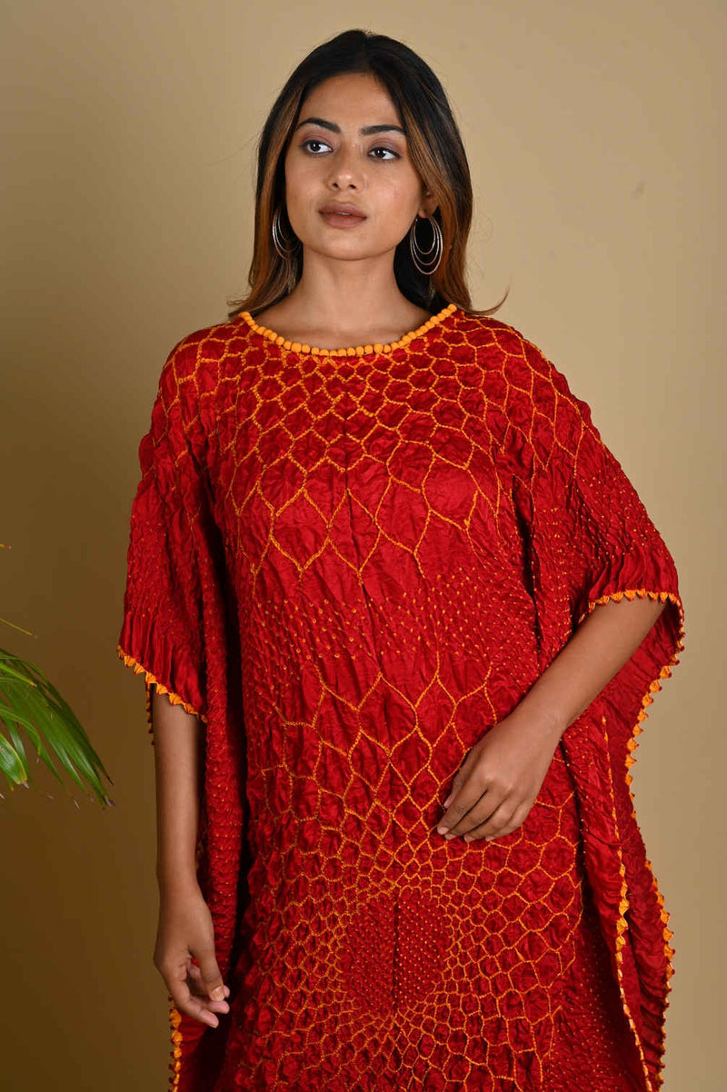 THREE FLOWERS KAFTAN-RED silk by Dyelogue in red color for women Worldwide