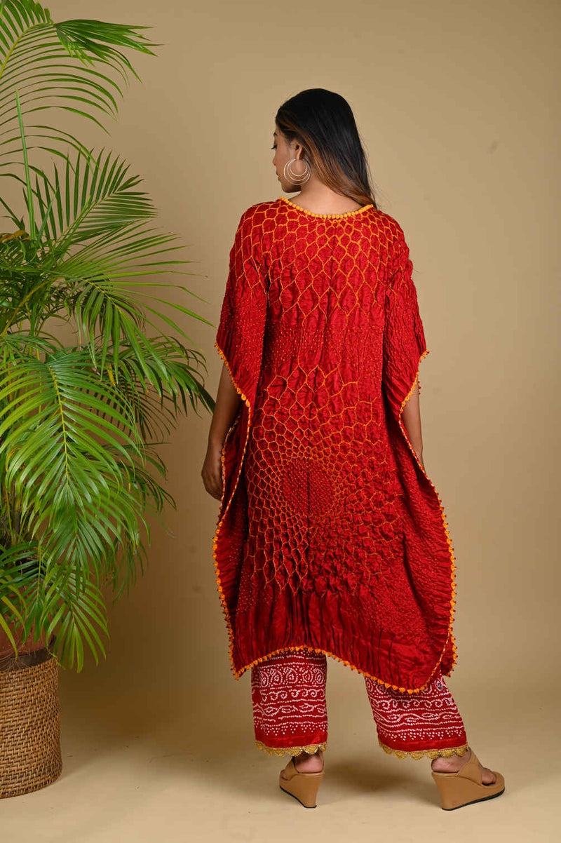 THREE FLOWERS KAFTAN-RED silk by Dyelogue in red color for women Worldwide