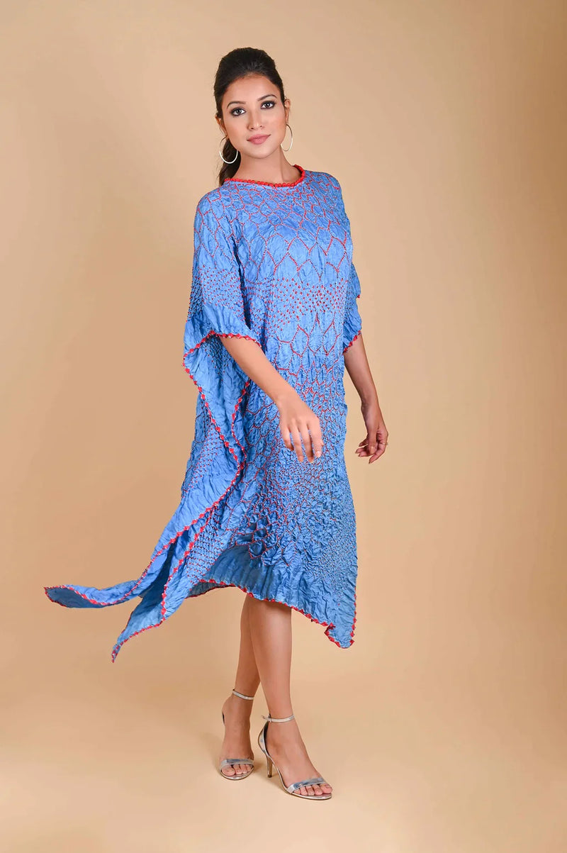 THREE FLOWERS KAFTAN-SKY BLUE silk by Dyelogue in blue color for women Worldwide