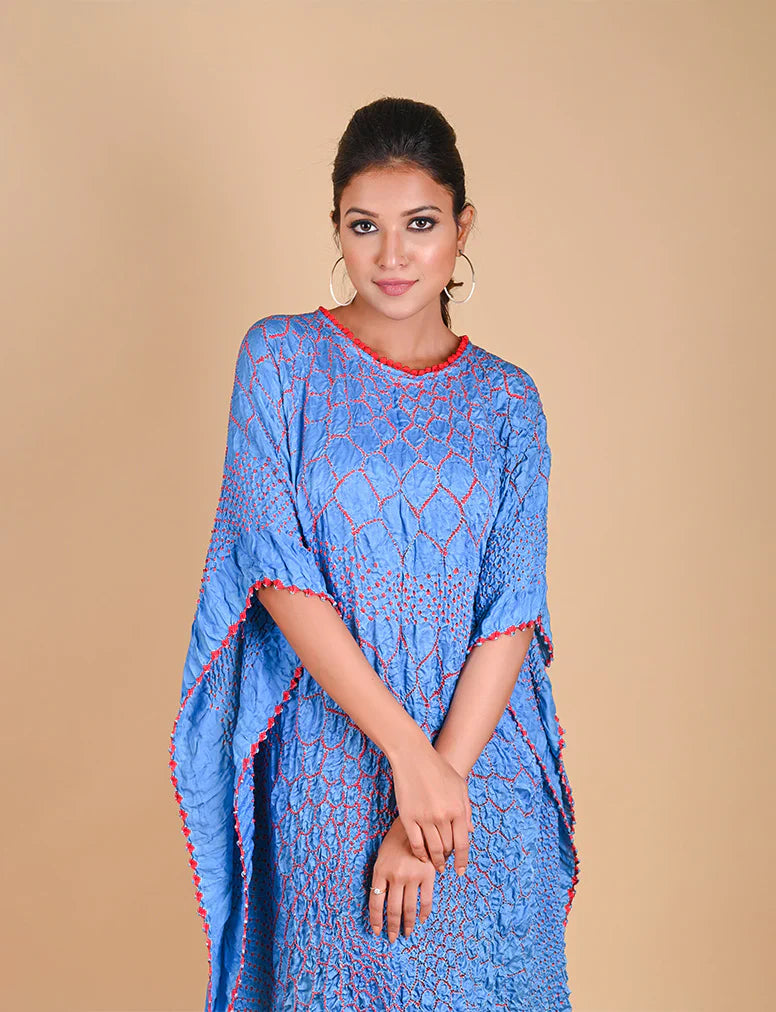 THREE FLOWERS KAFTAN-SKY BLUE silk by Dyelogue in blue color for women Worldwide