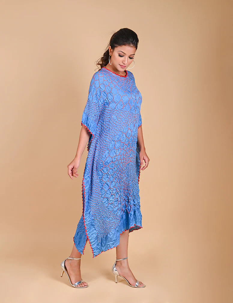 THREE FLOWERS KAFTAN-SKY BLUE silk by Dyelogue in blue color for women Worldwide