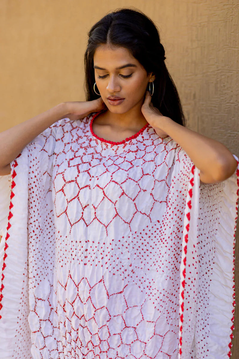 THREE FLOWERS KAFTAN-WHITE silk by Dyelogue in white color for women Worldwide