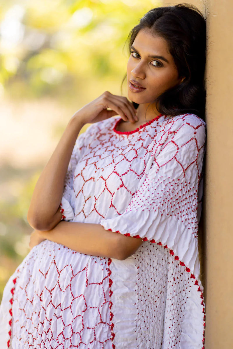THREE FLOWERS KAFTAN-WHITE silk by Dyelogue in white color for women Worldwide