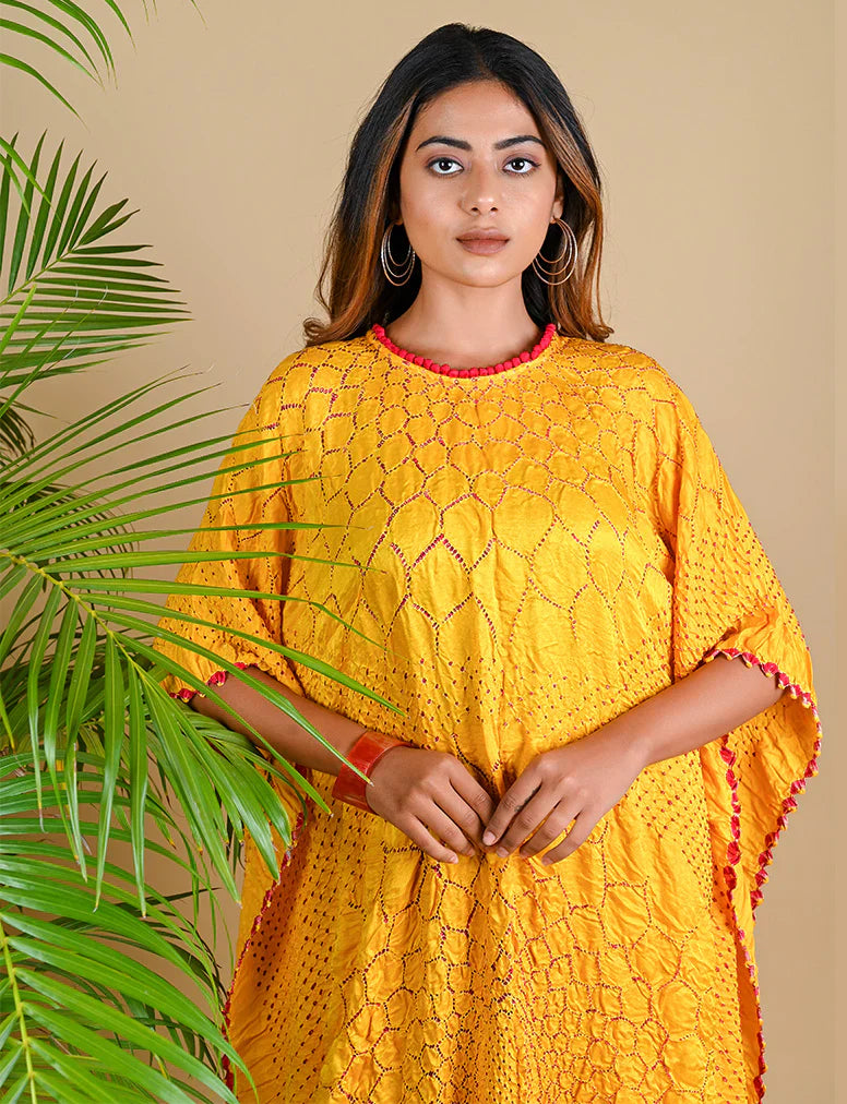 THREE FLOWERS KAFTAN-YELLOW silk by Dyelogue in yellow color for women Worldwide