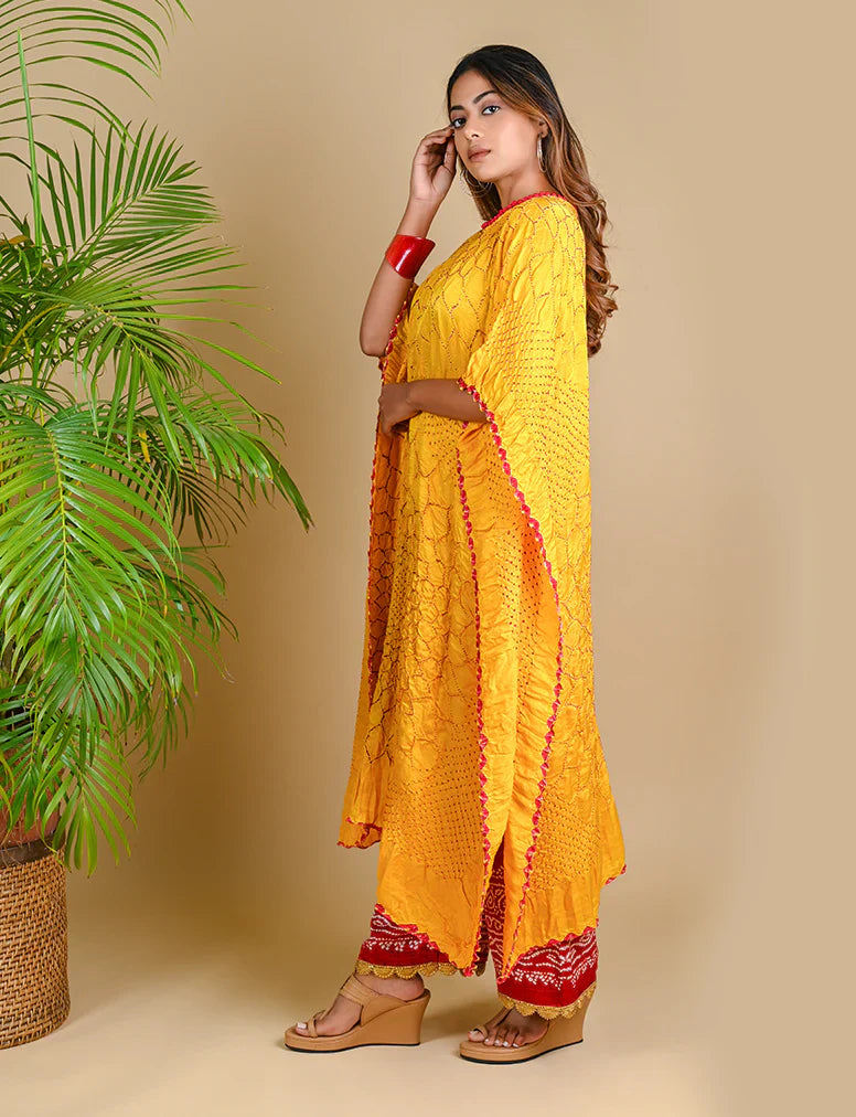 THREE FLOWERS KAFTAN-YELLOW silk by Dyelogue in yellow color for women Worldwide