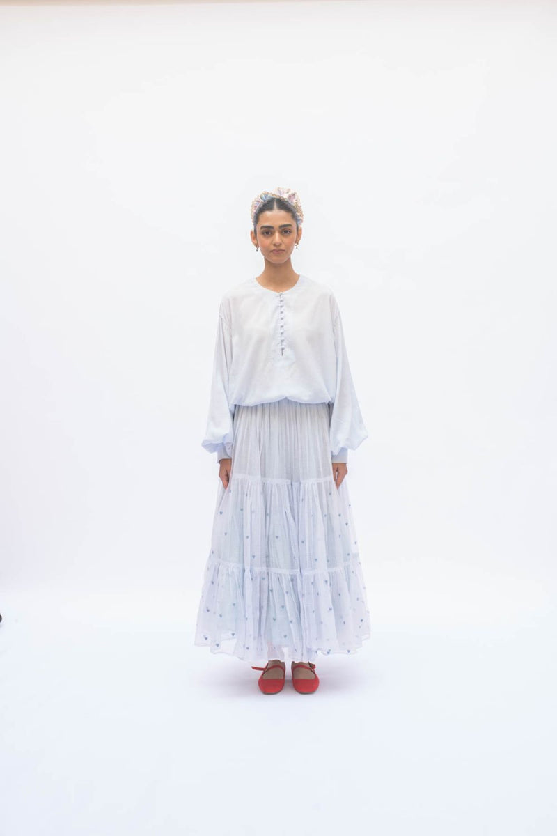 MAYA SKIRT POWDER BLUE by TOKREE in blue color for women Worldwide