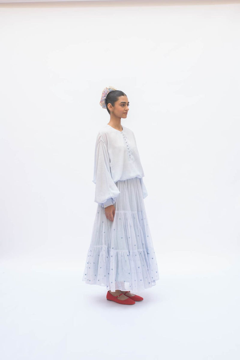 MAYA SKIRT POWDER BLUE by TOKREE in blue color for women Worldwide