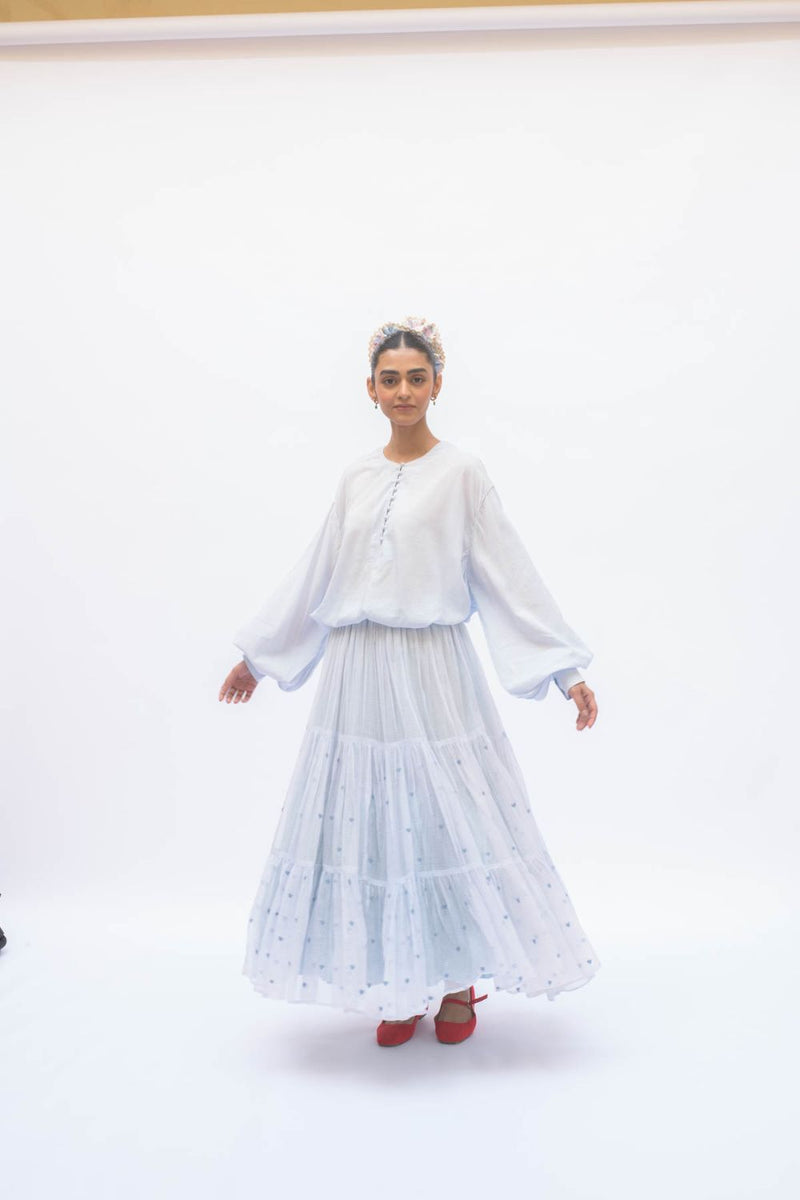 MAYA SKIRT POWDER BLUE by TOKREE in blue color for women Worldwide