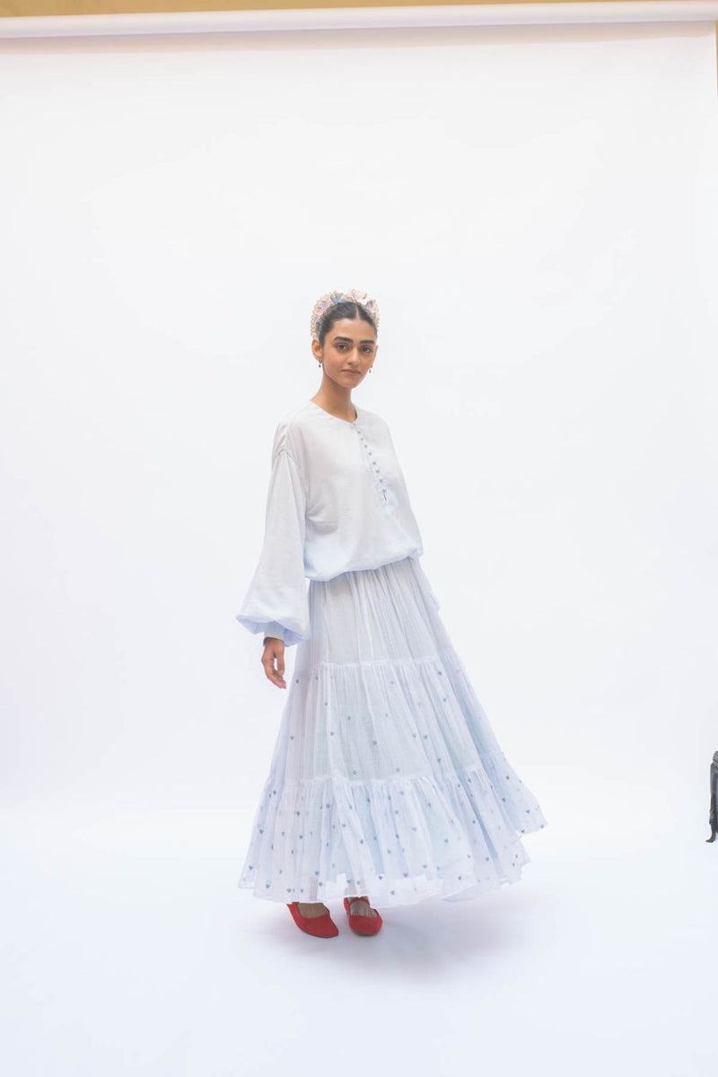 MAYA SKIRT POWDER BLUE by TOKREE in blue color for women Worldwide