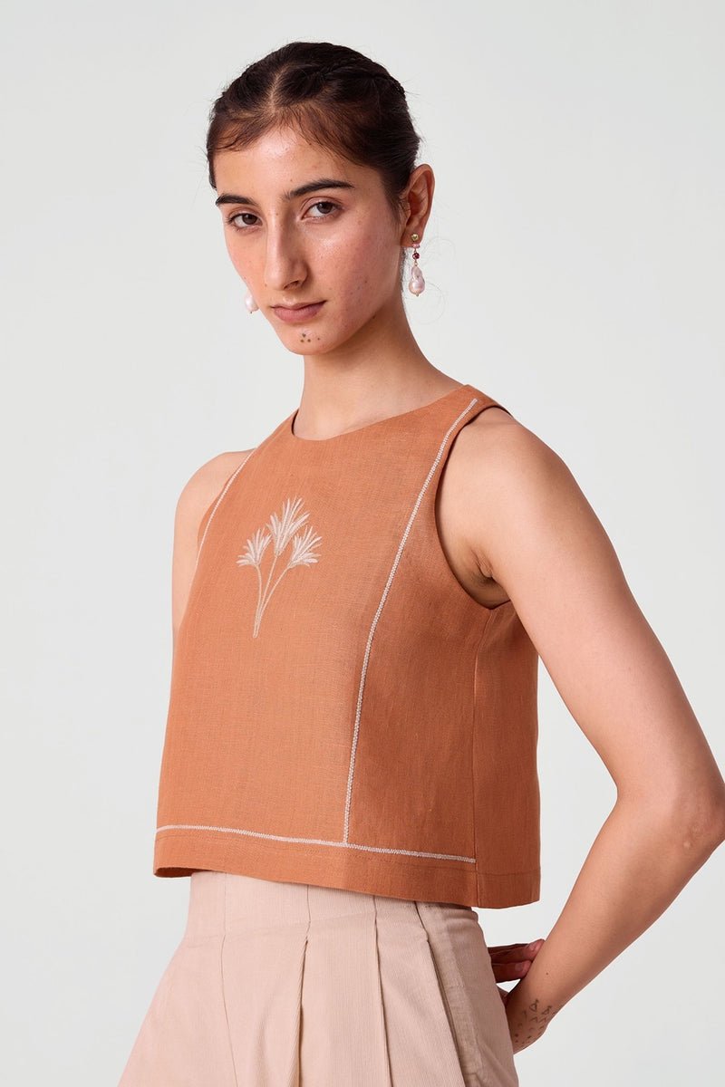 Toni Apricot Embroidered Linen Top