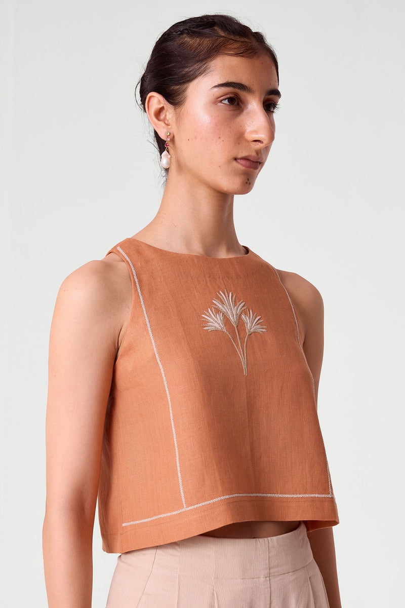 Toni Apricot Embroidered Linen Top