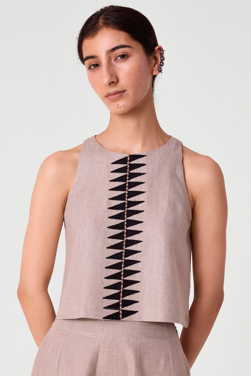 Toni beige Embroidered Linen Top