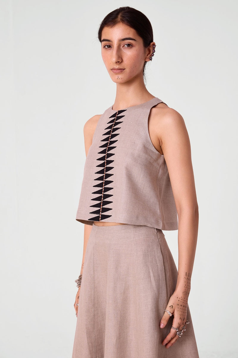 Toni beige Embroidered Linen Top