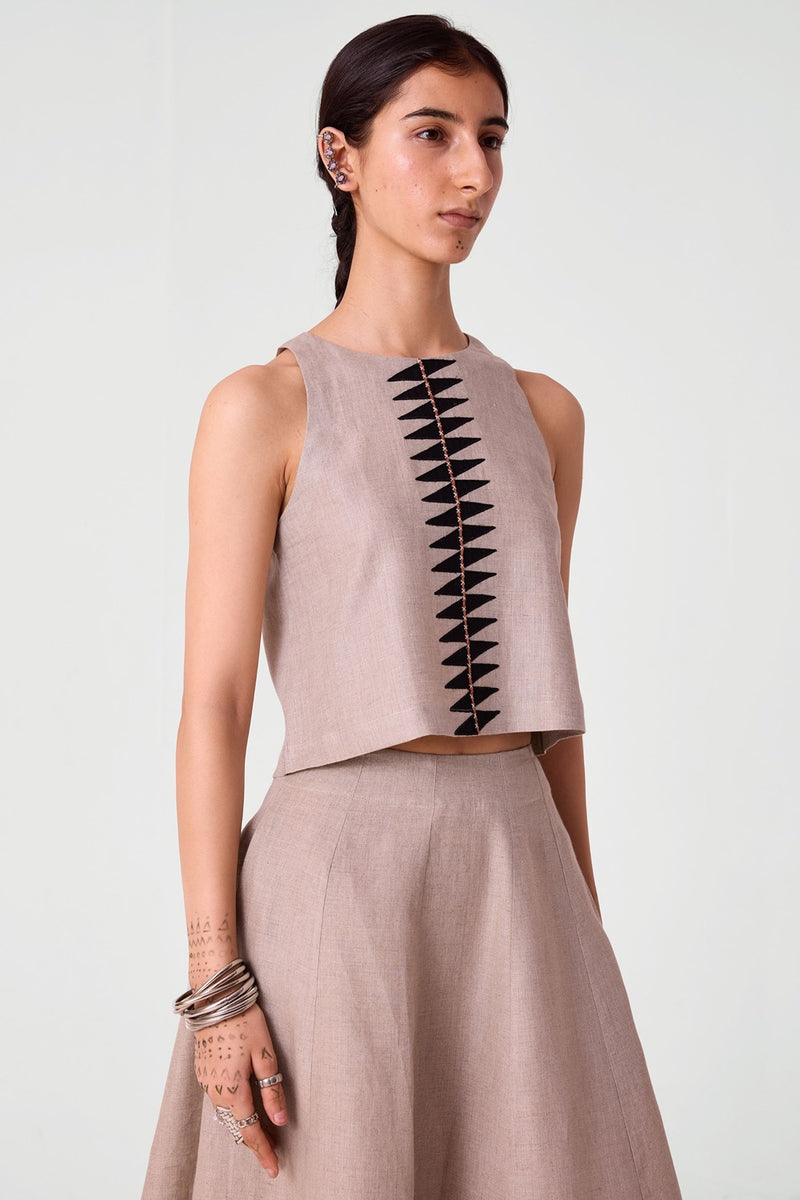Toni beige Embroidered Linen Top