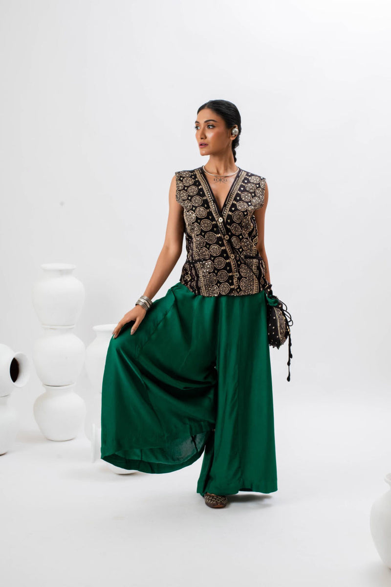 Tora Masai AJRAK Waist Coat Top & Oversize Pants satin by PRAHNAAYA in black color for women Worldwide