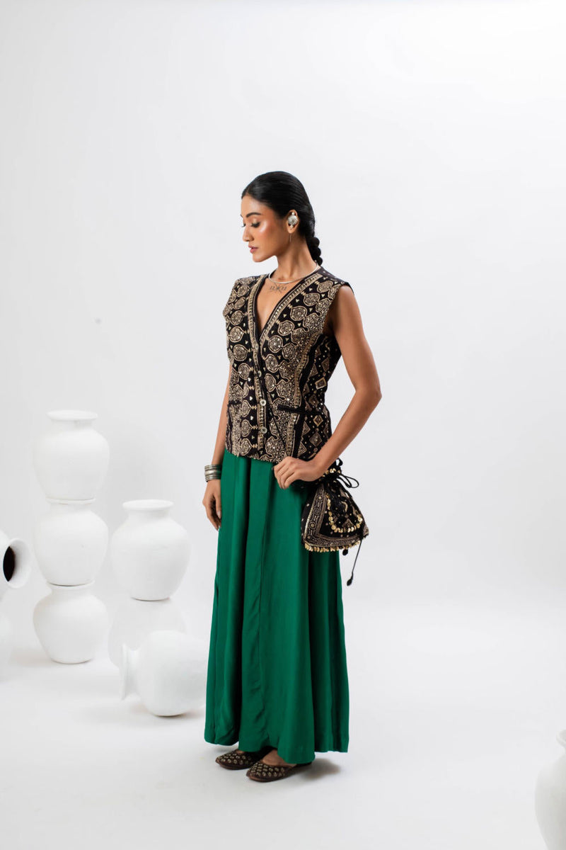 Tora Masai AJRAK Waist Coat Top & Oversize Pants satin by PRAHNAAYA in black color for women Worldwide